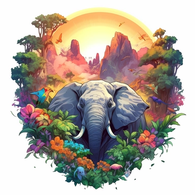 random animal, close up, a sticker, artwork of t shirt graphic of majestic forest, in digital painting style , beautiful flowers, sunset mountains and clouds , big vines, stone temple covered in vines, white background, colorful fantasy flower surround, highly detailed clean, vector image, photorealistic masterpiece, professional photography, realistic, flat white background, isometric, vibrant vector, clipart, illustration, realism, 4k, , cinematic, front view, white background, paradise, extre