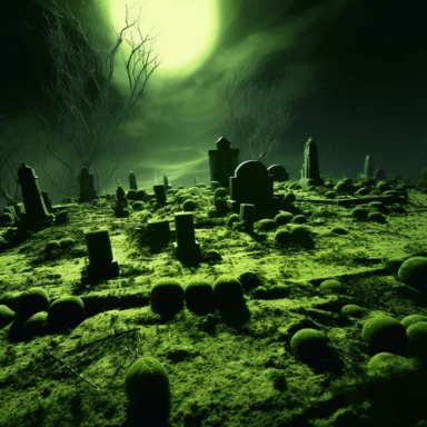 clipart, A spooky graveyard scene with tombstones covered in neon moss and glowing skulls emerging from the ground. The moon should cast an eerie glow, and bats should be flying overhead. Camera setup: Medium shot capturing the entire graveyard scene. Use a wide aperture to create a shallow depth of field, focusing on the glowing elements in the foreground