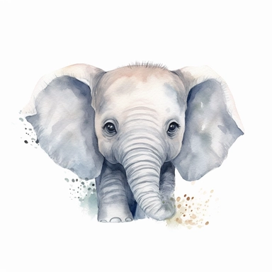 A delightful and charming watercolor clipart of an adorable baby elephant, designed for commercial use. This heartwarming composition captures the innocent charm of the African Safari Zoo animal, set against a crisp white background that accentuates its delicate watercolor textures and playful features. The baby elephant, with its gentle eyes and playful trunk, is skillfully painted in a soothing palette of grays and pastels, encapsulating the essence of nursery-themed art. The clipart emphasize