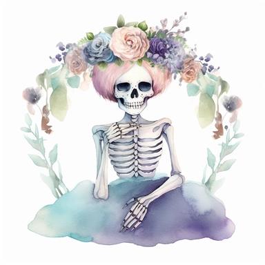 pastel female skeleton with a flower crown and a dress in a circle, half body, cute but spooky Halloween, shades of pastel purple and aqua, glamorous, watercolor, white background with margins, clipart style — uplight