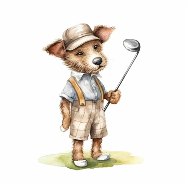 cute puppy wearing vintage golf clothes and playing golf on a golf course on a great sunny day in Florida. Sublimation graphics, by Beatrix Potter, Watercolor clipart, single design, print on demand image, no watermark, PNG transparent background, white background, 8k