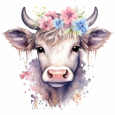 Cute Beautiful Pastel Color Fairy Cow Cattle Flower Watercolor Sublimation Clipart,Cartoon,hyper realistic, intricate detail, illustration style,high solution,on the white background