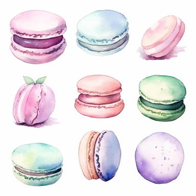 watercolor macaroon clipart, in pastel pink, pastel bue and pastel mint green, simple handpainted designs, soft harmonious colors, style cute s 900