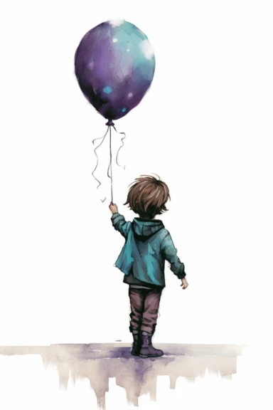 a little boy with a purple balloon in the style of dark aquamarine and brown, tim holtz, close up, charming sketches, toyen, cranberrycore, soft and dreamy, clipart on a white background