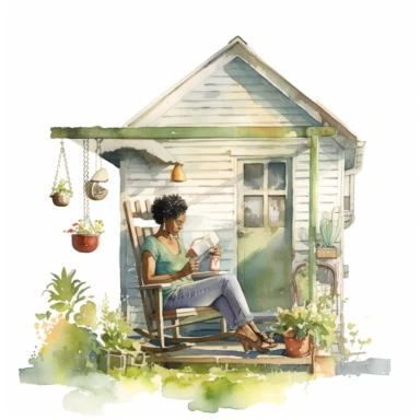 watercolor image of a black woman sitting on a swing chair on a porch after a long day of gardening clipart