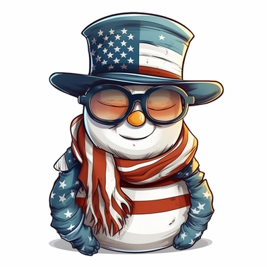 Sticker, American flag with snowman scarf and sunglasses Sublimation Clipart, Cartoon funny, Cute anime, Very detailed, white background