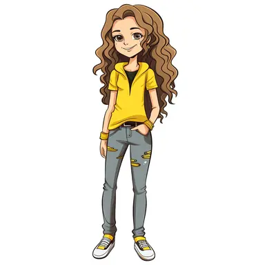 girl doll style smiling, black contour thin lines, arms crossed, yellow jeans, sneakers, long disheveled hair, cartoon clipart, cute eyes, illustration for kids, disney