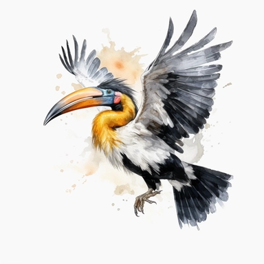 An endearing watercolor Hornbill bird clipart of Hornbill bird playing 300DPI