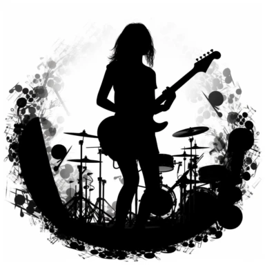 Music notes and instruments, a teenager (women) playing hardrock, silhouette, on stage, vector style graphic, cool vibe, clipart, single design, white background