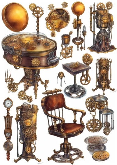 watercolor steampunk mechanical tools clipart set like mirror, lipstick, hat, chair, jewels, highly detailed ,clipart, hd, on white background, spaced out
