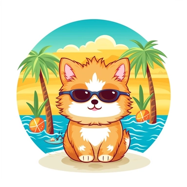 Bring the sunny vibes of summer to your designs with an adorable cartoon-style clipart of a Munchkin cat enjoying the season against a clean white background. Envision a cute and playful Pomeranian with a big smile, bright eyes, and perhaps wearing a colorful sun hat or holding a beach ball. The clipart can capture the essence of relaxation and fun in the sun. Against the white background, the cartoon-style Pomeranian clipart will stand out, adding a touch of happiness and warmth to your summer-