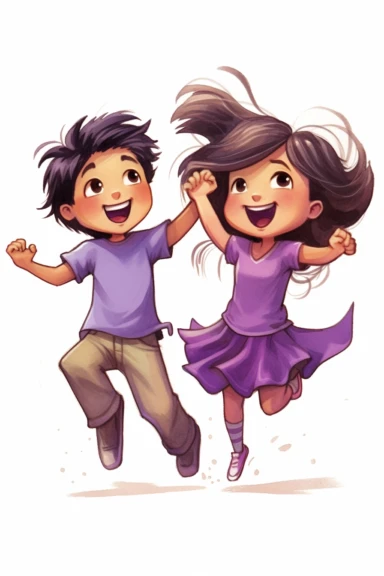 little girl with boy, boy with balck hair, girl with brown hair, tan skin, girl with purple dress, young, pretty, purple dress, happy, in love, silly, having fun, goofy, playing, white background, purple dress, simple, cartoon, children's book illustration, no background, white background, white background, bright colors, talking, cartoon image, kids book, clipart