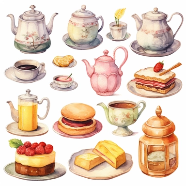 Watercolor vintage tea party items, illustrations clipart set, simple, soft colors, cartoon elements, different variants, teapot, sugar bowl, jug of milk, egg sandwich, stacked china plates, cake stand, china cup and saucer, ,napkin, , , knife,fork,jam, tea cups, stacked teacups, lemon dish, ,, tea jars ,knie, fork, spoon, butter, ,silver , napkin,separate elements with a margin