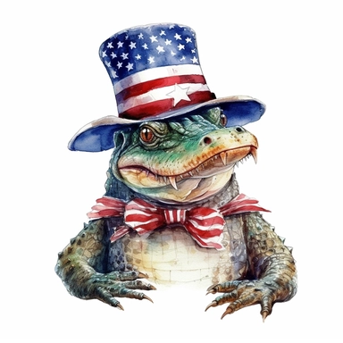 full perspective, watercolor american patriotic alligator wearing a hat clipart illustration, centred, vibrant colors, add the flag, on a white background, no watermark, no logo, no writing