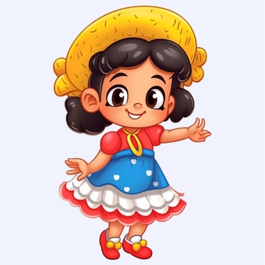 a cute little girl dressed for a brazilian junina party, with a blue and yellow flowing dress, braids in her hair, red shoes, happy, Monica's gang style, Graphics Maurício de Sousa, digital art, big eyes, cartoon, clipart , country girl from festa junina from brazil cute drawing white background