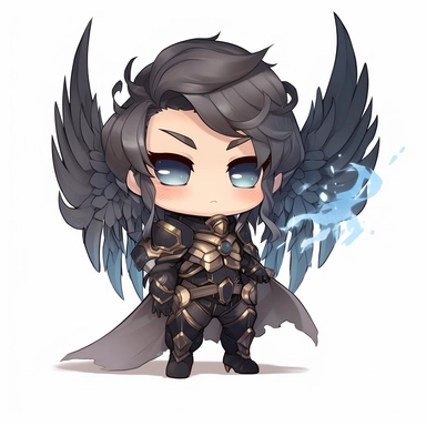 zeeb labs art style boy, angel knight, tiny chibi body with armor, halo crown, armored wings, smerk, super long cape, smile, clipart, sticker, no background, hd