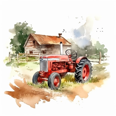 watercolor red tractor on farmland clipart