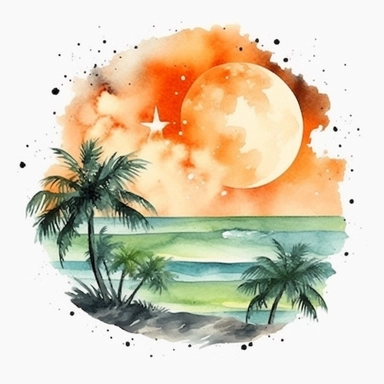 Watercolor beach clipart, heavenly galaxy, green and orange, hd, white background