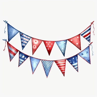 4th of July Patriotic bunting - Clip art of patriotic bunting or flag garland in red, white, and blue. png Full body realistic cartoon in 32K UHD cute. 15 cm thick outline. Black color. There was no shadow on the ground. 8k with realistic watercolors and detailed illustrations. PNG clipart, transparent white background