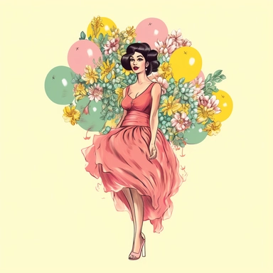 full body, modest, hispanic/latina woman, goddess like, with rich complexion and distinctive facial features, where elegance, radiant, positive energy and blissful facial expression in theme of 1960s botanical vintage flower Ballon Flower ,clipart