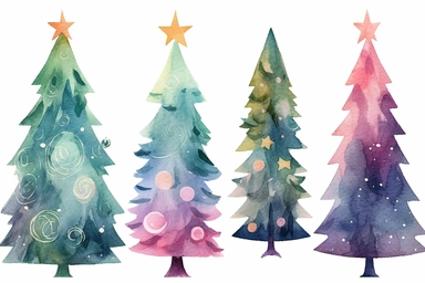 cute christmas trees vector illustration art and vector clipart set, in the style of soft watercolors, whimsical and imaginative, cranberrycore, rtx on, layered textures, shapes, chinese watercolor, opulent ornaments