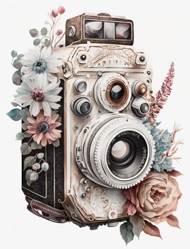 a watercolor old camera 1 photo lens only, colector's item, surrounded by an intricate arrangement of dramatic extravagant ultra realistic digital 3D giant white and brown lucky flowers, in the style of large-scale photography, lush detailing, watercolor style, pastel colors, photorealistic, playfully intricate, made of flowers, bloomcore, 8K, clipart, clear background