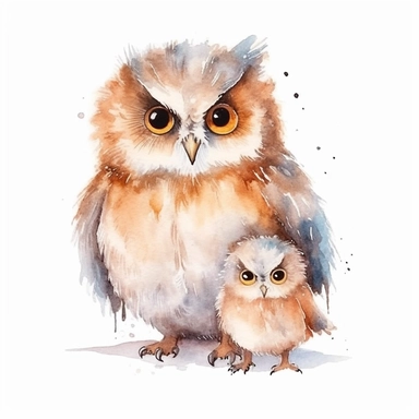 Watercolor relaistic animals, cute baby owl with father clipart, white background, no caption, no text