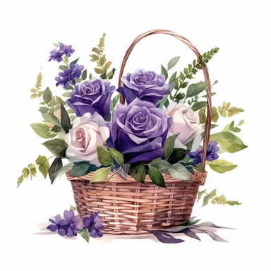 a simple gorgeous basket arrangement with purple rose flowers and greenery on white background clipart, png, watercolor painting realistic, high quality, vibrant, Vicente Romero Redondo, Willem van Aelst, Elsa Beskow