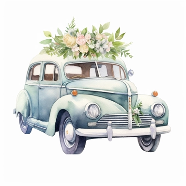 watercolour wedding car, clipart on white background, highly detailed, professional color gradation, clean sharpness