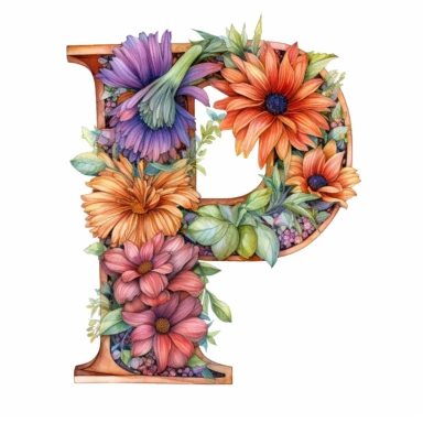 Detailed drawing in colored pencil style of letter P on white background, floral elements, pastel color palette, isolated white background, clipart, uhd
