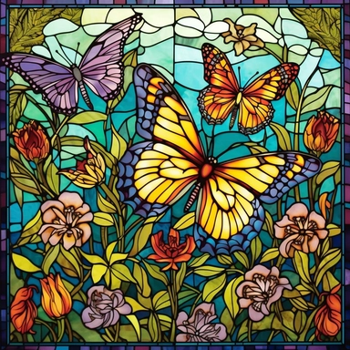 stained glass clipart of butterflies in floral meadow