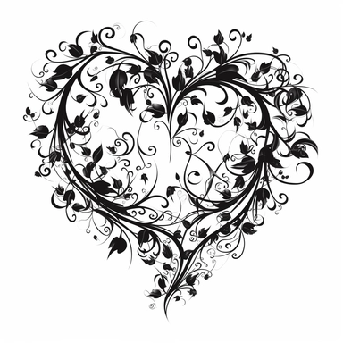 black flourish and swirls vector art with small hearts isolated on a white background, clipart