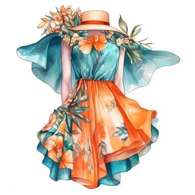 watercolor, hyper realistic, white background, white margins, 16k, ultra detailed clipart, cut out image, hand-drawn, whimsical a flowing, off-the-shoulder dress with a tropical print, perfect for a beach party. vibrant Orange and Turquoise