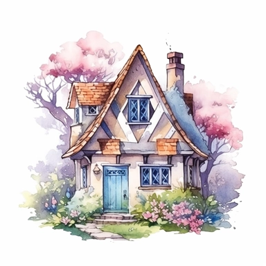 Vector clipart, isolated on white background, beautiful lovely Watercolor cute little colorful house, spring time , ornated, pastel colors, small England village