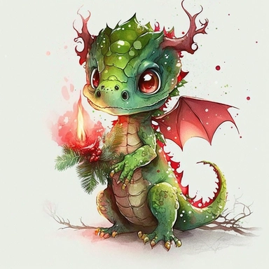 watercolor, full body baby Christmas dragon, cute, big eyes, clip art, green and red, christmas tree, presents, lights, snow ar 2:3