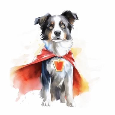 a courageous watercolor clipart image with a white background, featuring a cute cartoon dog Border Collie superhero with a superhero suit