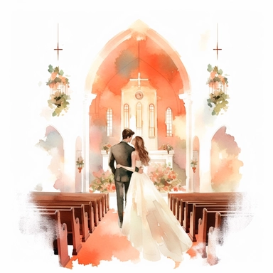 Wedding Watercolor, brides and groom in church in clipart on white background, peach color palette, more focus on couples