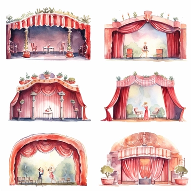 watercolor 1910s 1920s 1930s 1940s theatre stage, illustrations clipart set, simple, , cartoon elements ,different variants ,shows,separate elements with a margin