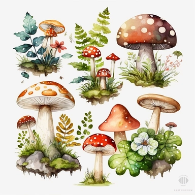 large, Watercolor graphic, Mushrooms Clipart - cute forest nature toadstool clip art, white background, landscape, clump of mushrooms, moss, woodlands