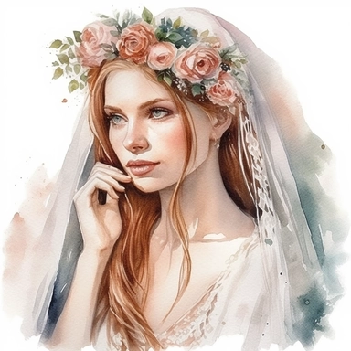 Glamorous and romantic realistic watercolor, the beautiful bride with long braided hair wearing intricate jewelry and, Juliet cap veil, on clean white background, translucent, delicate, with flowers, very delicate colors, watercolor clipart - - no watermarks, no text