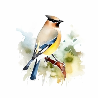 Cedar Waxwing bird, water color style, clipart, white background