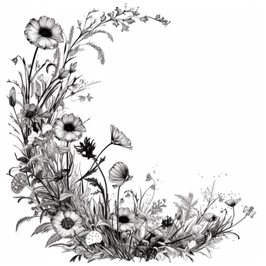 modern, minimalistic set of wildflowers in the shape of one giant L shape corner of the image frame, in the style of hand-drawing black and white on a clean white background, wedding clipart flowers