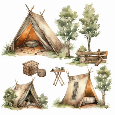 camping, watercolor, earth tones, corner edges, clip art
