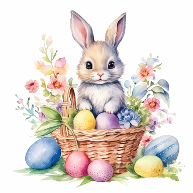 clipart, isolated on white background, Watercolor bunny and basket and colorful eggs, easter style, detailed, flowers, ornated, pastel colors