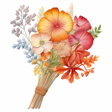 Design a dreamy watercolor clipart of a chinese-inspired hand-tied twine-wrap Bouquet of assorted autumn flowers in a cornucopia-shaped arrangement, symbolizing abundance and gratitude composition, hand-painted with soft and graceful brushstrokes. Draw inspiration from the artistic finesse of Ethereal Petals Watercolors for a refined and ethereal depiction. isolated on a white background, hand-drawn illustration, hand-painted watercolor texture, 16k UHD resolution, intricately detailed, sharp fo