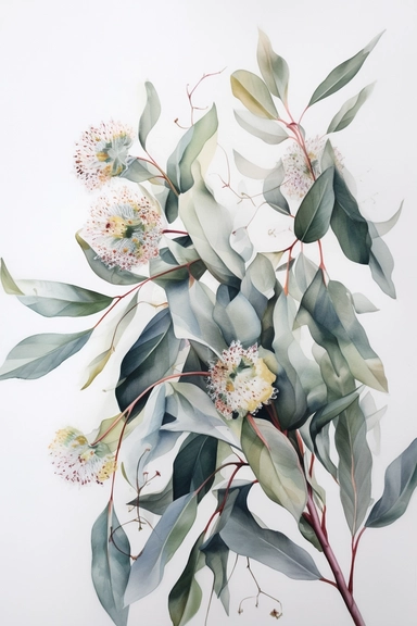 Watercolor Painting of Eucalyptus FLOWERS on white background beautiful multi - headed pale, Flora Design Patterns, Flemish Baroque by Rachel Ruysch, Behance, Rococo, Intricate Detailed, Soft Light Effect, Oil Paint Strokes, Light Academia Aesthetic Flowers, Lighting cinematic, all shown shimmering stamens, tyndall light, light effect, texture, colorful, 8k, fantasy, ray tracing, depth of field, vivid, spectacular lighting, octane rendering, highly detailed, ultra - realistic, white background, 