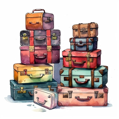watercolor, Set of traveler's suitcases and accessories on colorful background png Full body realistic cartoon in 32K UHD cute. 15 cm thick outline. Black color. There was no shadow on the ground. 8k with realistic watercolors and detailed illustrations. PNG clipart, transparent white background