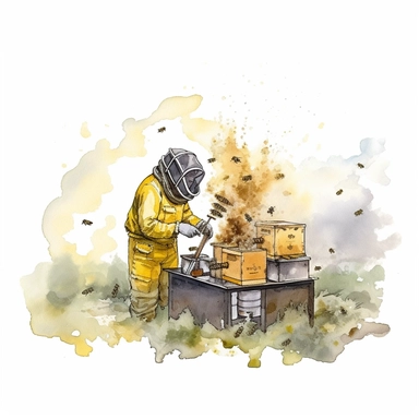 watercolor,An artistic representation of a beekeeper in full protective gear, using a smoker to calm the bees before inspecting the hive, with other beehives visible in the background. (Digital drawing clipart, image black border color, full body, flat texture, transparent background)