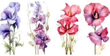 Watercolor realistic Hollyhock, iris, morning glory orchid and peony floral cliparts with white background