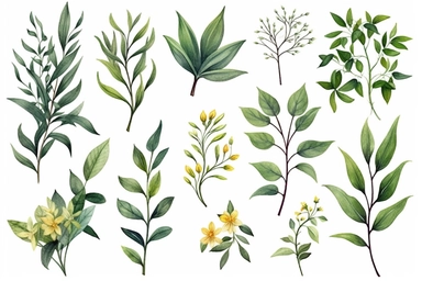 Hand drawn watercolor illustrations. Botanical clipart. Set of Green leaves, herbs and branches. Floral Design elements. Perfect for wedding invitations, greeting cards, blogs, posters and more